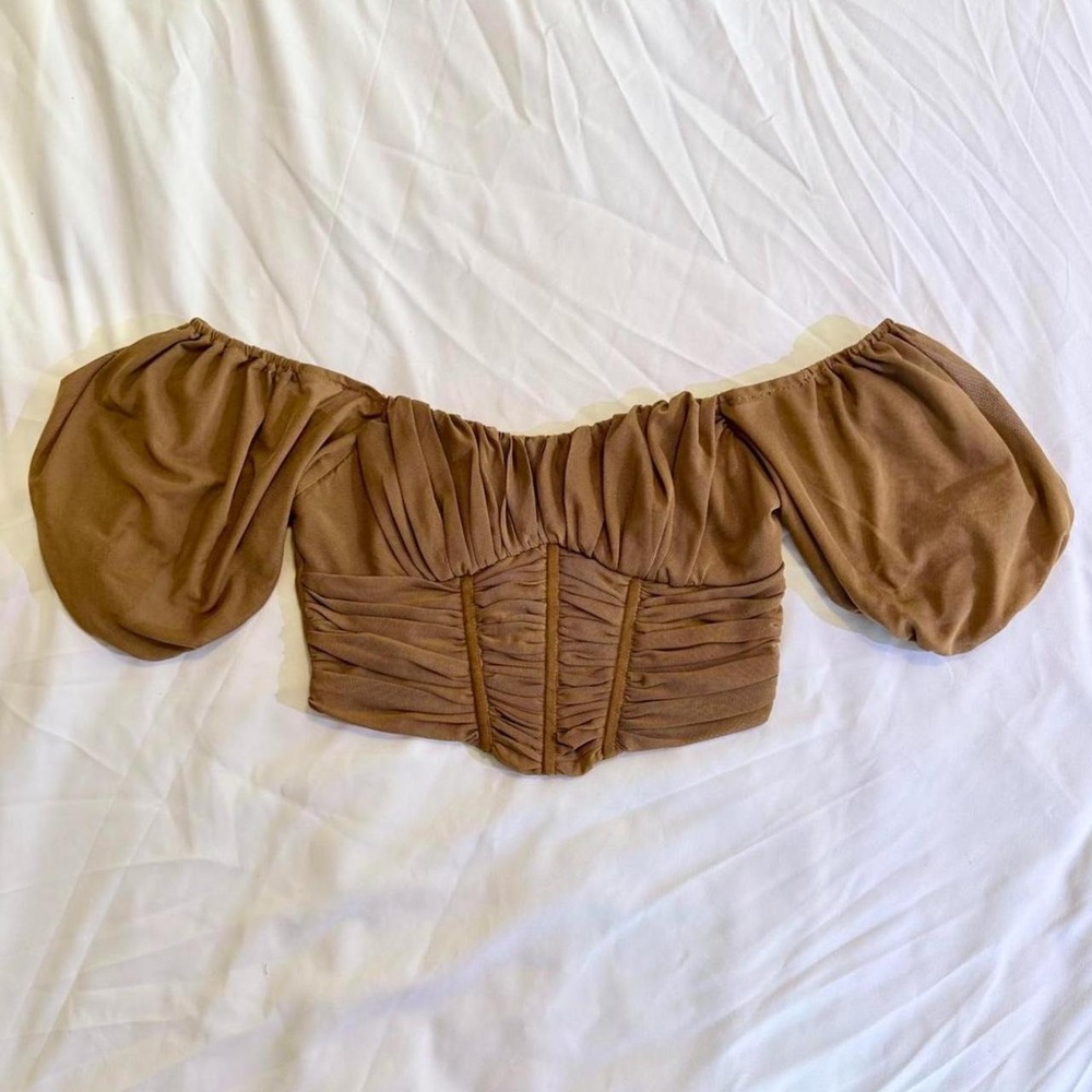 Princess Polly Brown Corset Top Sweetheart Ruched Puff Sleeve Crop Top Size 2